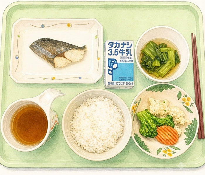 関東労災病院の病院食、入院3日目退院日の朝食のイメージイラスト